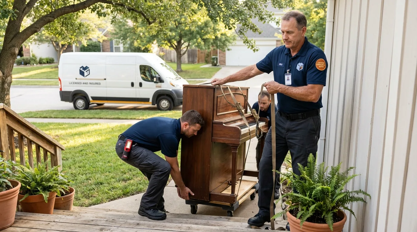 Licensed piano movers securing grand piano in Douglas, WY