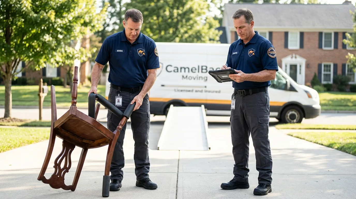 Movers inspecting furniture for damage prevention before loading in Douglas, WY