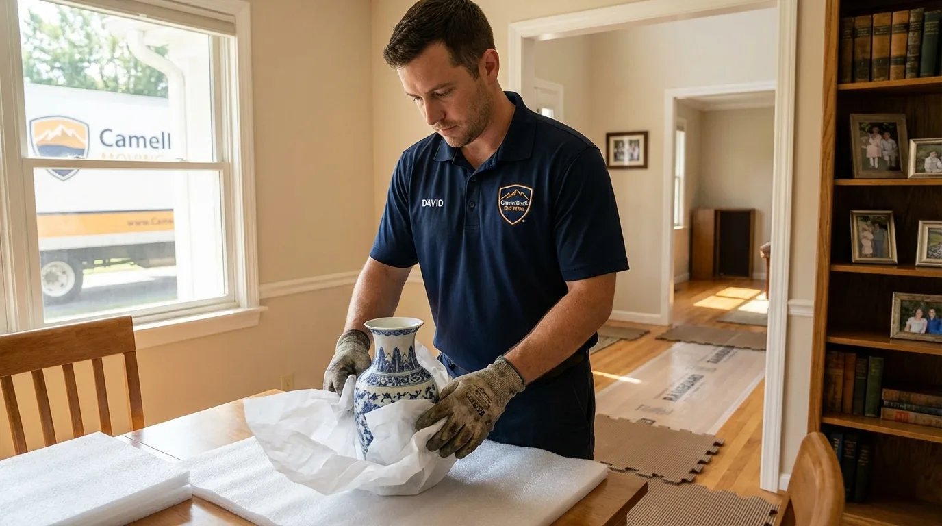 Professional crew carefully wrapping antique vase for senior downsizing move in Douglas, WY